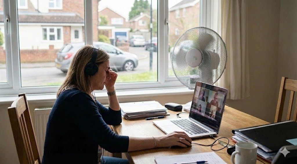 Teacher taking online class experiencing remote work burnout.