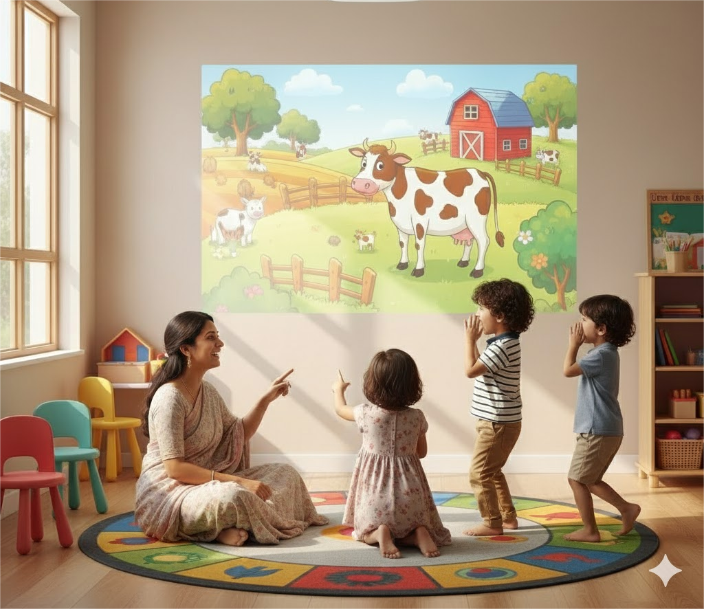 A preschool class, teacher & kids interact with a display of farm animals in a digital classroom.