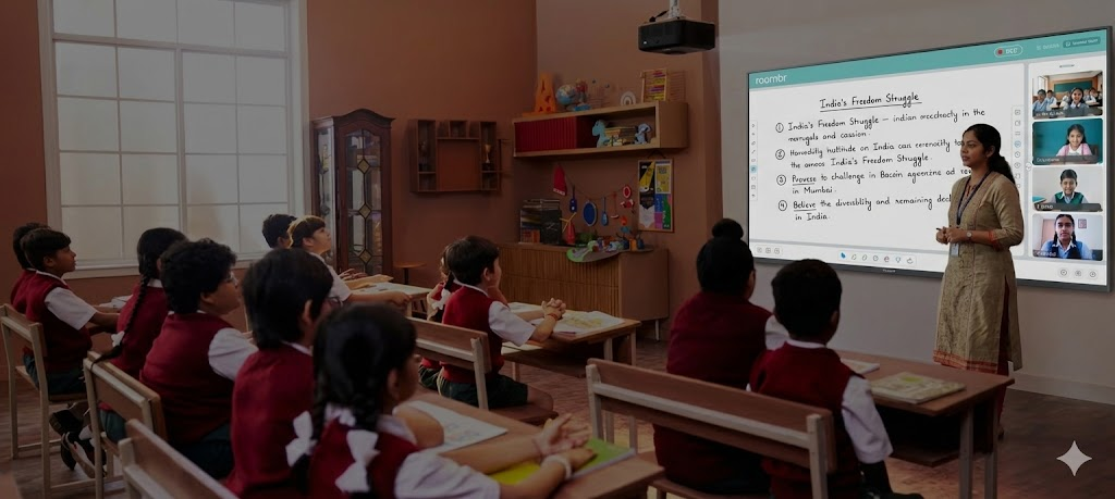 Teacher using Roombr interactive display for a hybrid learning in a smart classroom.