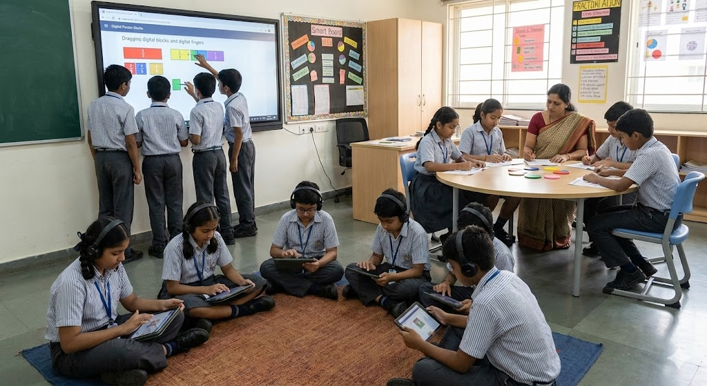 Blended learning digital classroom showing students in groups with tablets, smart board, and teacher.