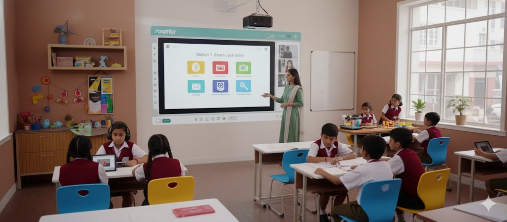 Flipped learning in a digital classroom with a teacher using interactive display, students working in groups.