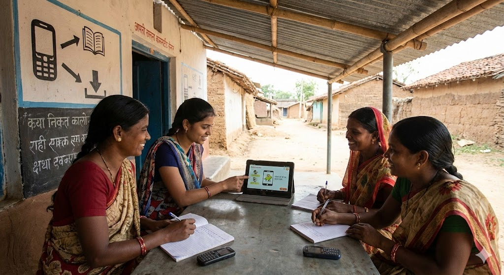 Rural Indian women accessing offline digital education on a tablet.