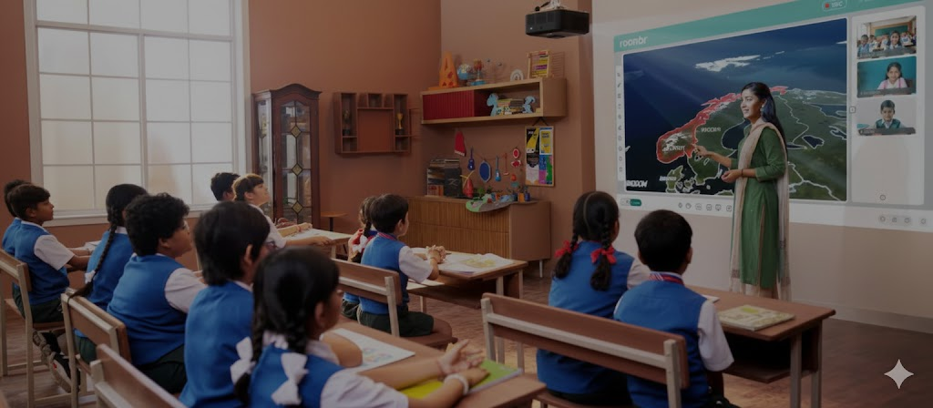 A teacher instructs students in a modern digital classroom with Roombr's large interactive screen. screen.