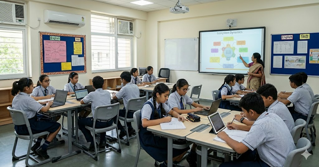 Modern Indian digital classroom setup with students working in groups and teacher on a screen.   