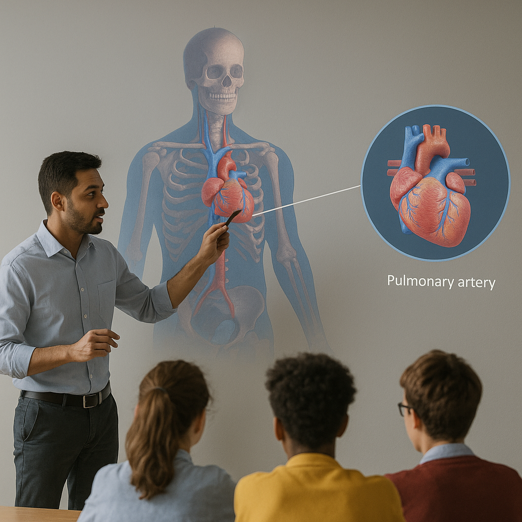 Digital classroom image showing a teacher using a 3D anatomy projection on the wall for students