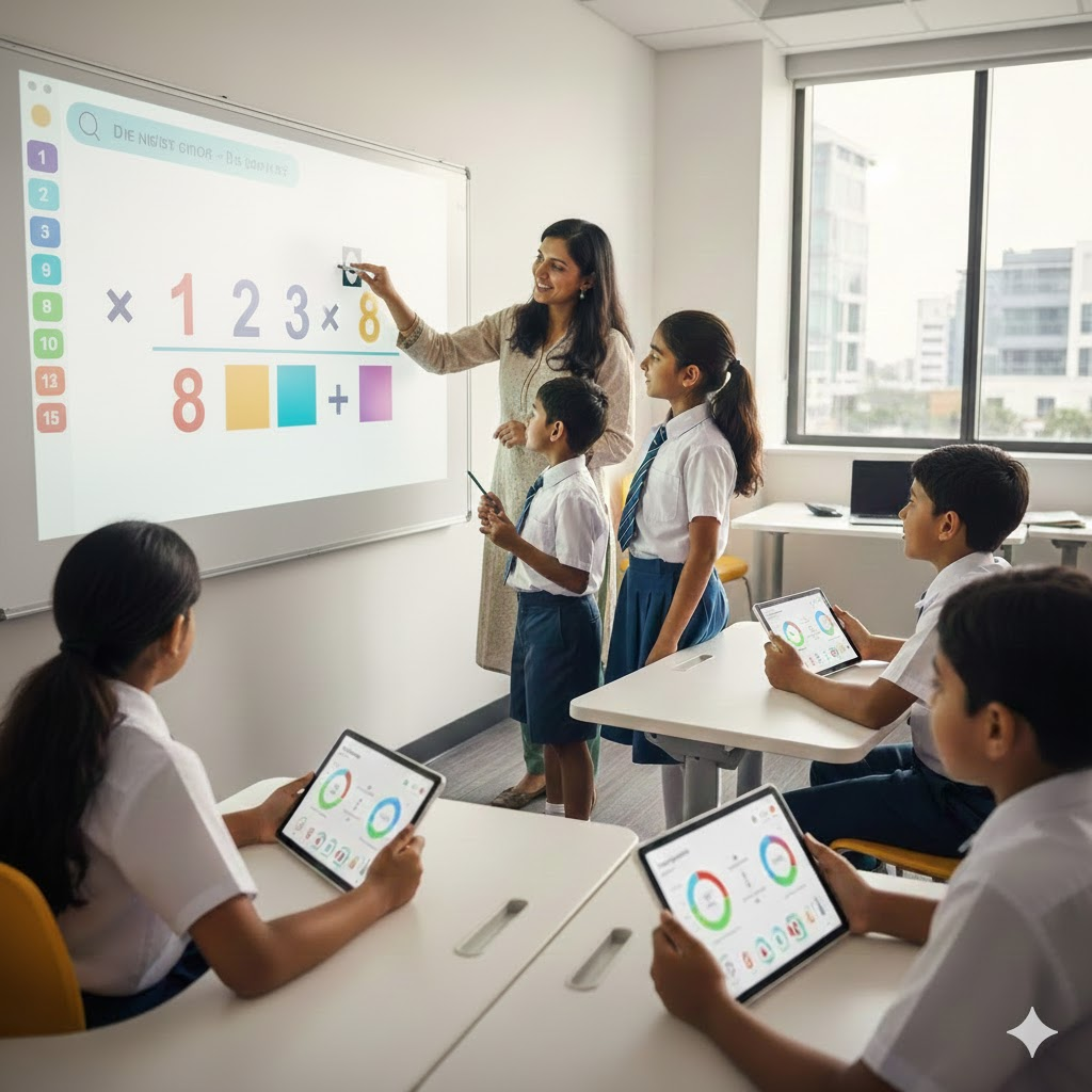Indian teacher and students engaging with a large interactive wall screen. Digital classroom image.