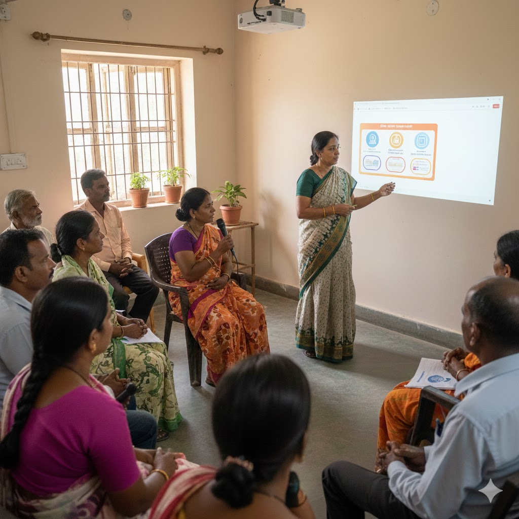 Educator explaining gender equality & literacy rates map on a large digital classroom smart board.