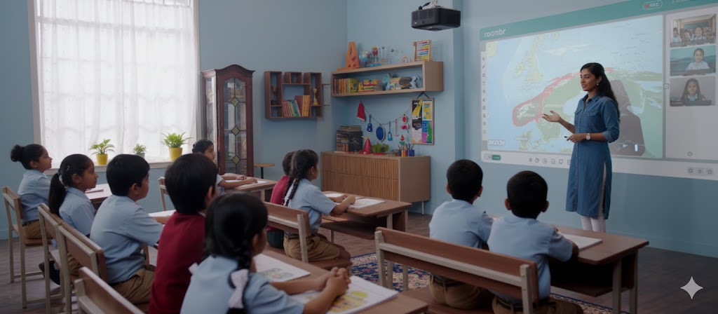 Digital classroom image with a teacher presenting a world map on an interactive screen to students.