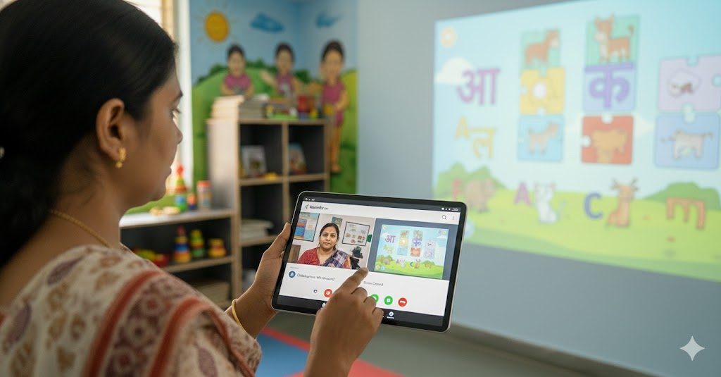 Anganwadi teacher using Roombr digital classroom solutions for interactive digital learning.