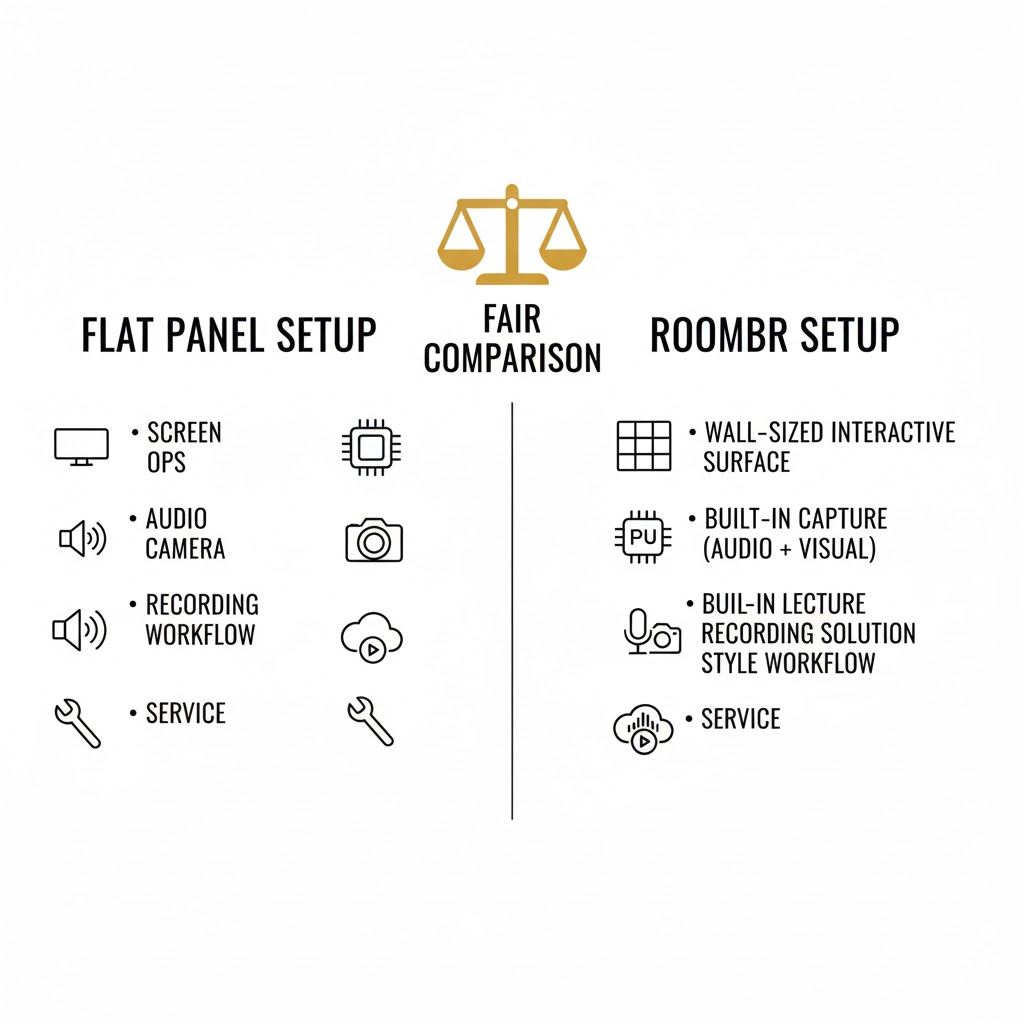 Comparison of flat panel setup vs. Roombr setup features and components.