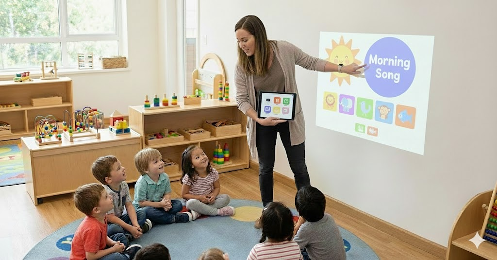 Digital classroom picture showing a teacher using interactive display to teach kindergarten kids 