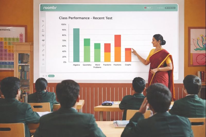 Digital classroom image showing teacher using Roombr digital classroom unit to review student test performance with charts