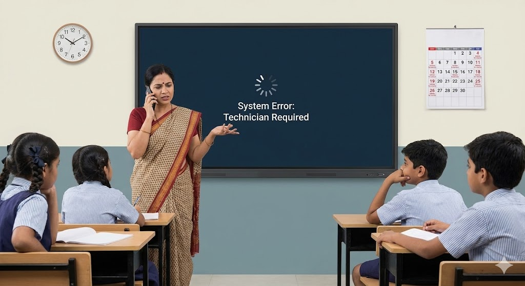 Digital classroom image showing teacher with broken smart board requiring technical repair.
