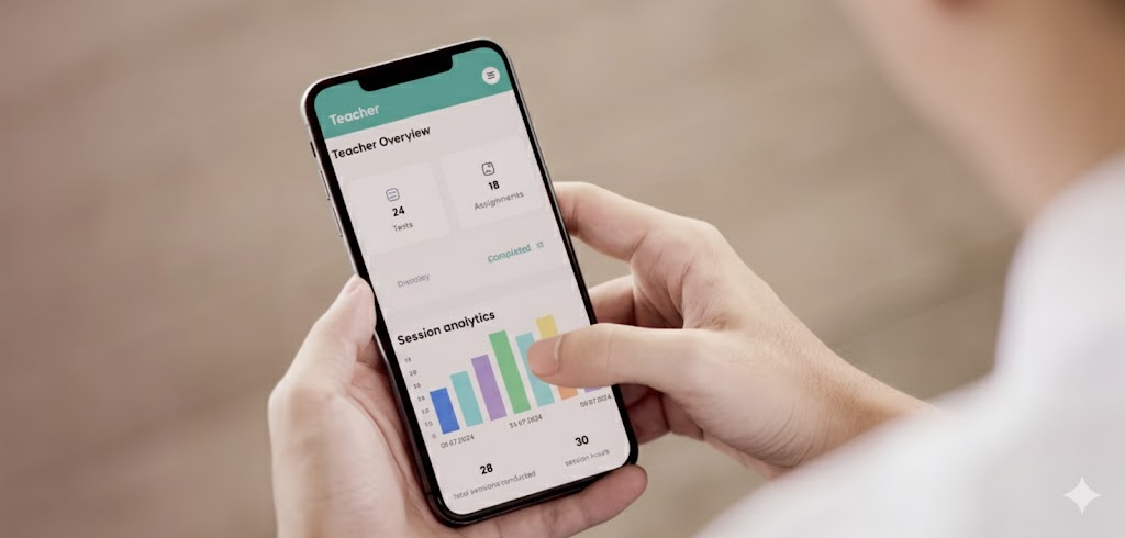A teacher using a teacher app on a smartphone to track classroom session analytics.