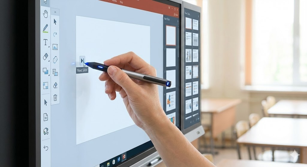 Teacher navigating on an interactive panel board in a digital classroom using an IR pen