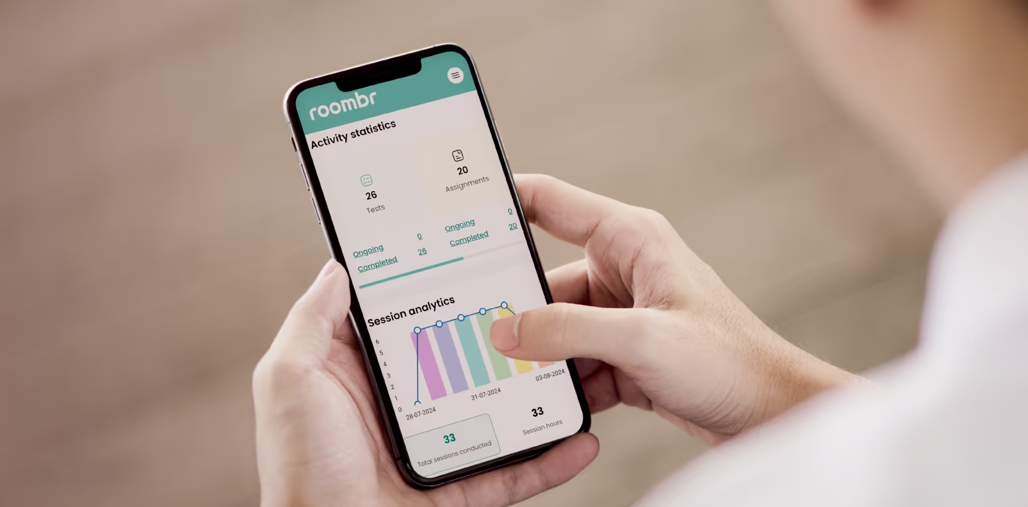 Roombr digital classroom teaching app showcasing activity statistics feature on a smartphone device.