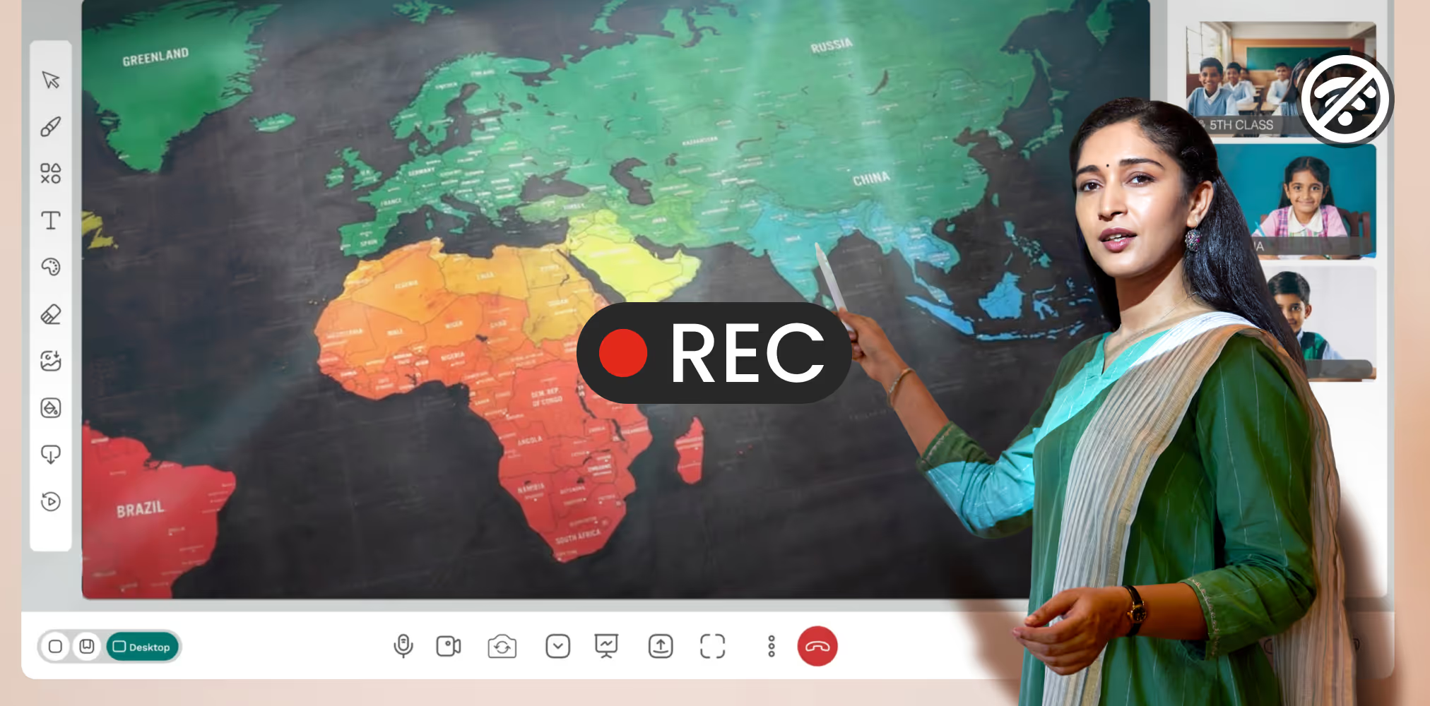 Teacher teaching using a Roombr interactive display with automated class recording feature. 