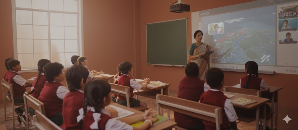 A teacher and students in a hybrid digital classroom using a large interactive display to study. 