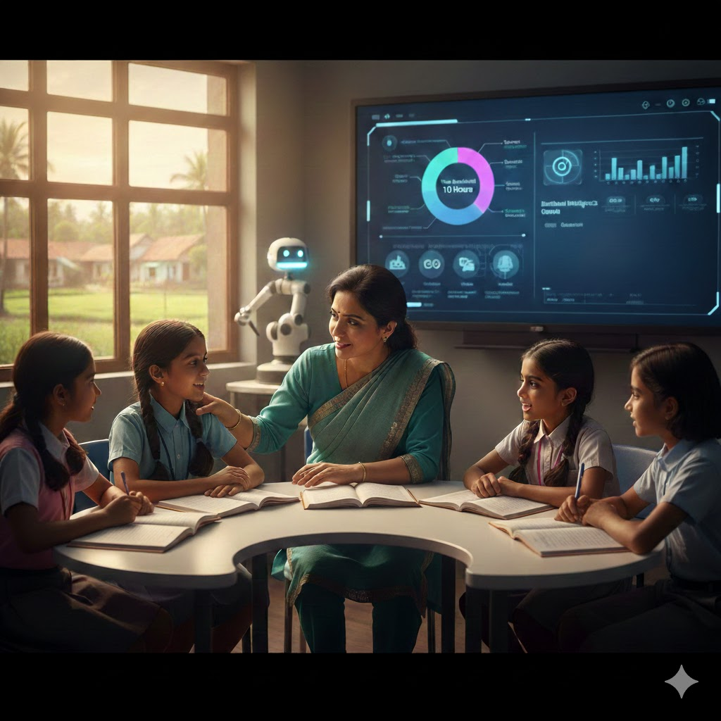 Indian teacher mentoring students in a modern classroom with a digital classroom display.
