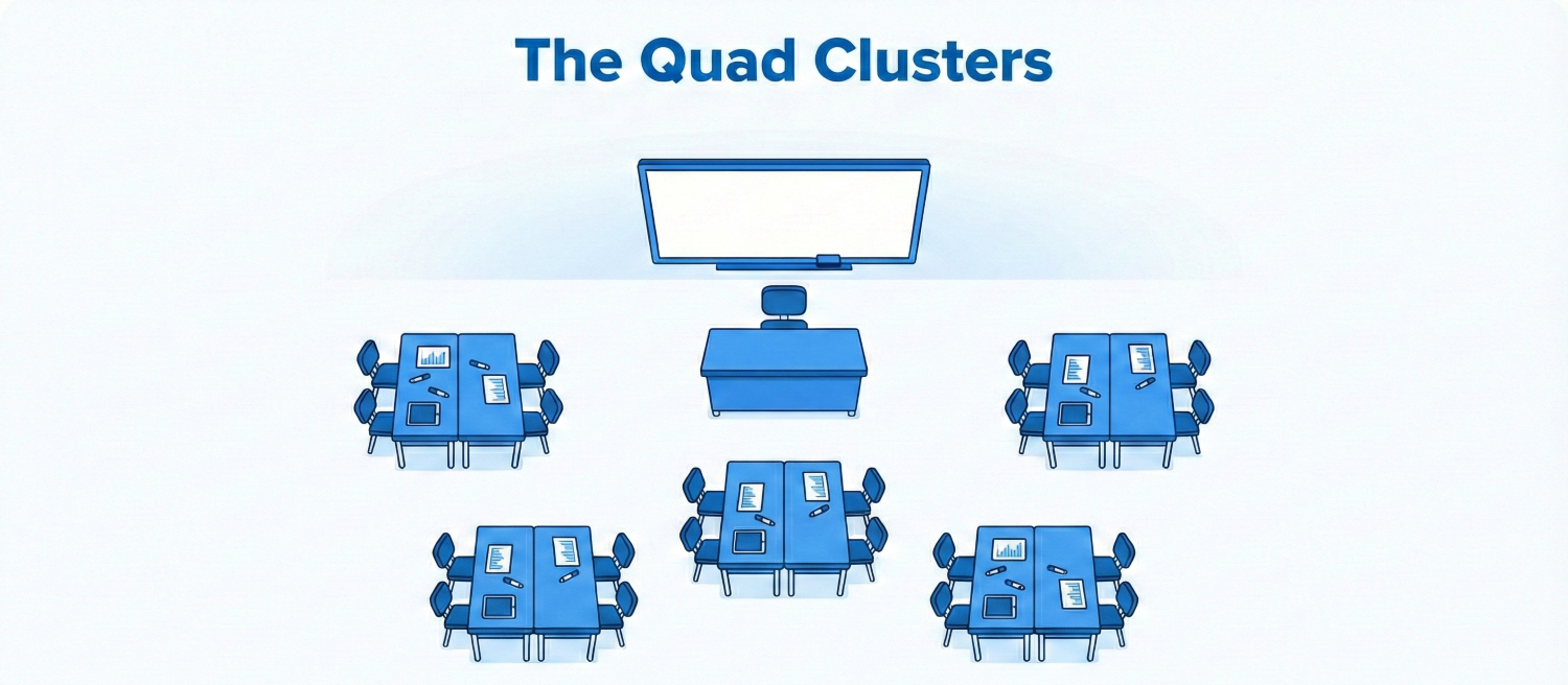 The quad cluster seating layout in a digital classroom shows as an infographic.