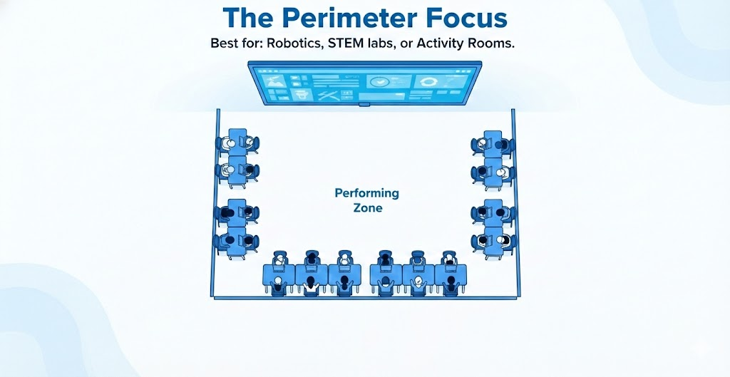 The perimeter seating layout in a digital classroom shown as an infographic.
