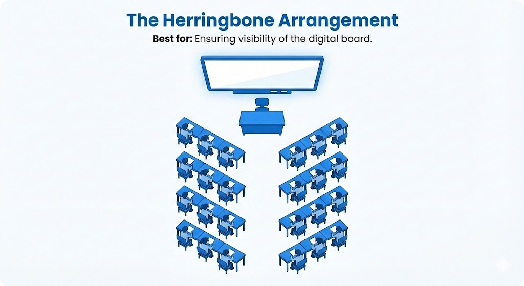 The Herringbone seating layout in a digital classroom shown as an infographic. 