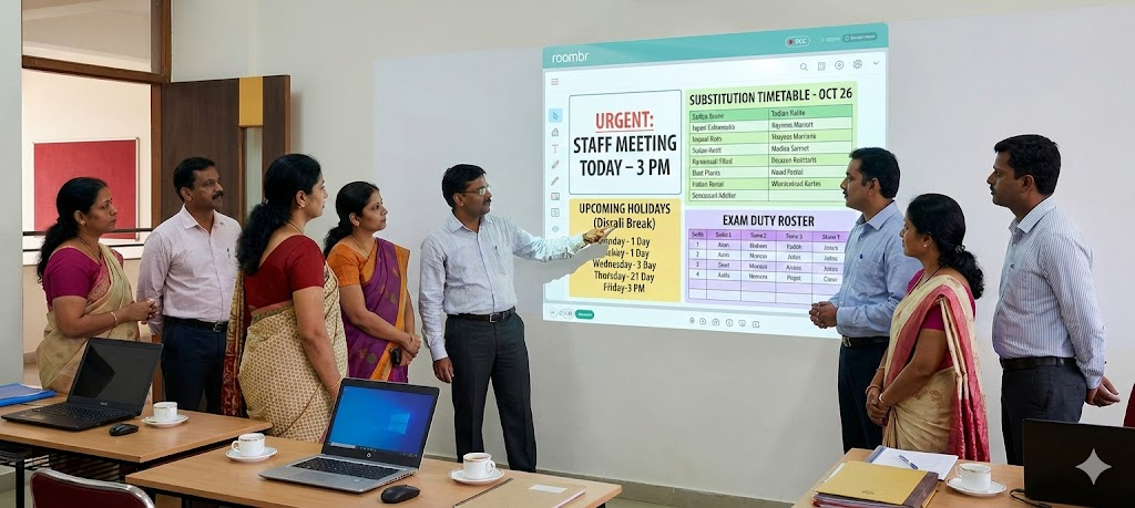 Teachers viewing digital notices on wall-sized interactive display in staff room.