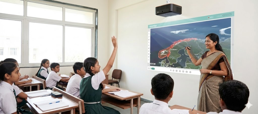 Student raising hand for permission in a modern Indian digital classroom with Roombr walltop.