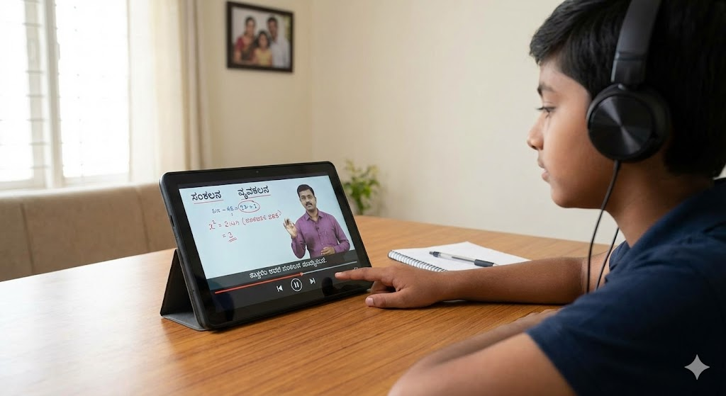 Student at home watching a recorded remedial lesson in Kannada on a tablet for self-paced learning.