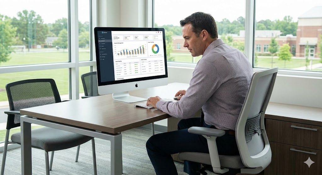 School administrator analyzing financial dashboards and data on a modern computer screen.
