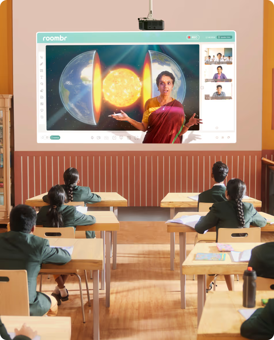 A teacher using a smart classroom's interactive wall to explain science to students in a classroom.