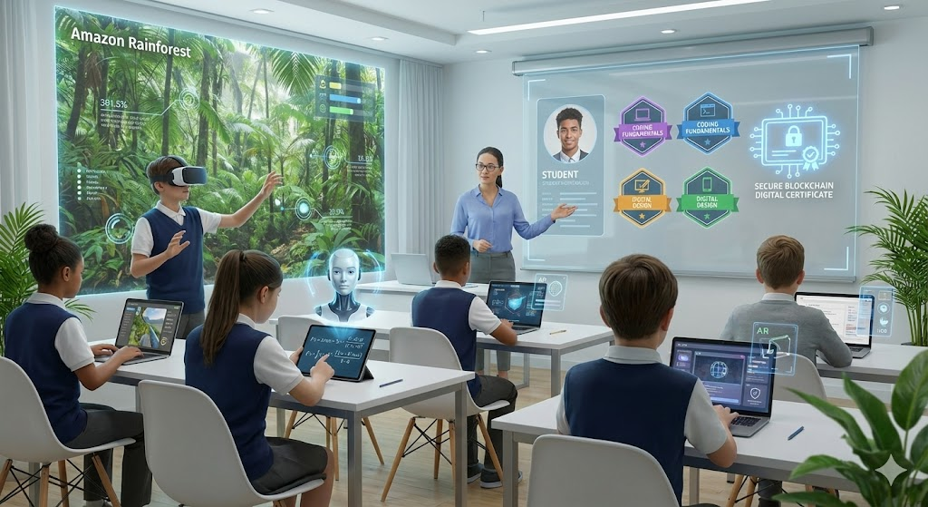 Students using VR, AI tutors, and blockchain badges in a futuristic digital classroom.