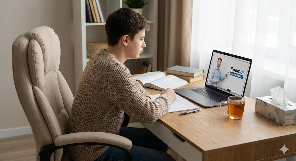 Student in sweater watching Roombr recorded class on laptop at home.