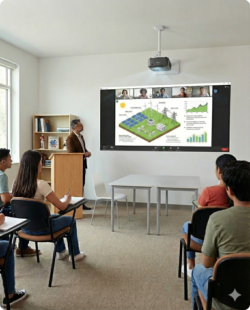 A teacher and students in a hybrid digital classroom setup with a large projection screen.