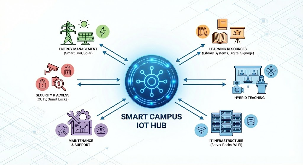 Diagram showing a smart campus IoT hub network for educational institutions.