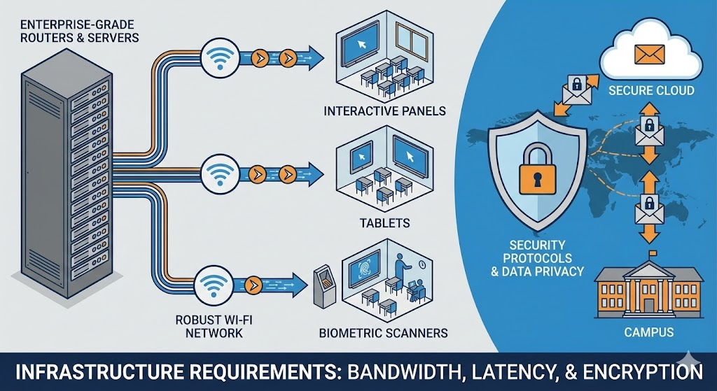 Campus IT infrastructure diagram showing Wi-Fi bandwidth and security for interactive panels.