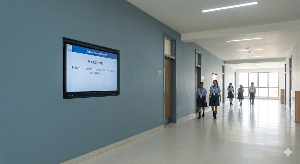 Modern Indian school corridor with matte blue-grey walls for smart classroom color psychology.