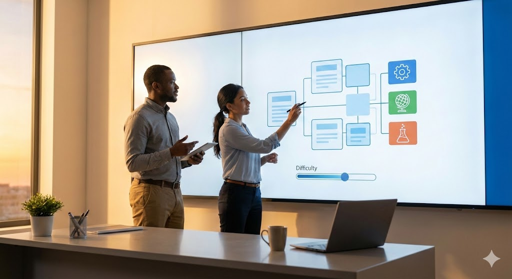 Two people collaborate on a large interactive display in a modern staff room.