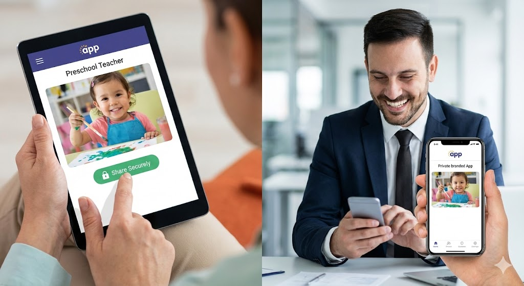 Preschool teacher securely sharing child's photo with a working parent in app.