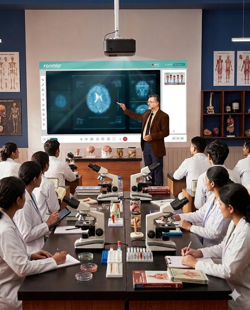 A teacher pointing to a large screen in a digital classroom with microscopes and students.