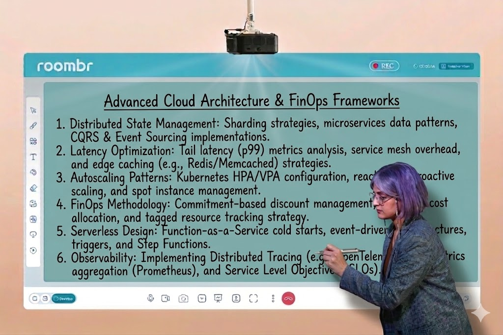 Teacher using a Roombr IR pen to write an advanced cloud architecture lesson on a digital board.