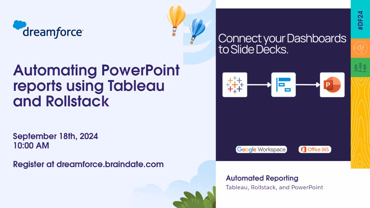 Dive into hands-on learning! Join our #braindate on automating PowerPoint reports using Tableau and Rollstack to drive efficiency in your reporting process. Secure your spot on Wednesday, September 18th, at 10:00 am by clicking the image below or by registering here.