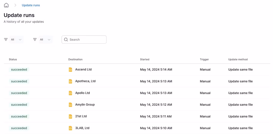 Rollstack update runs table