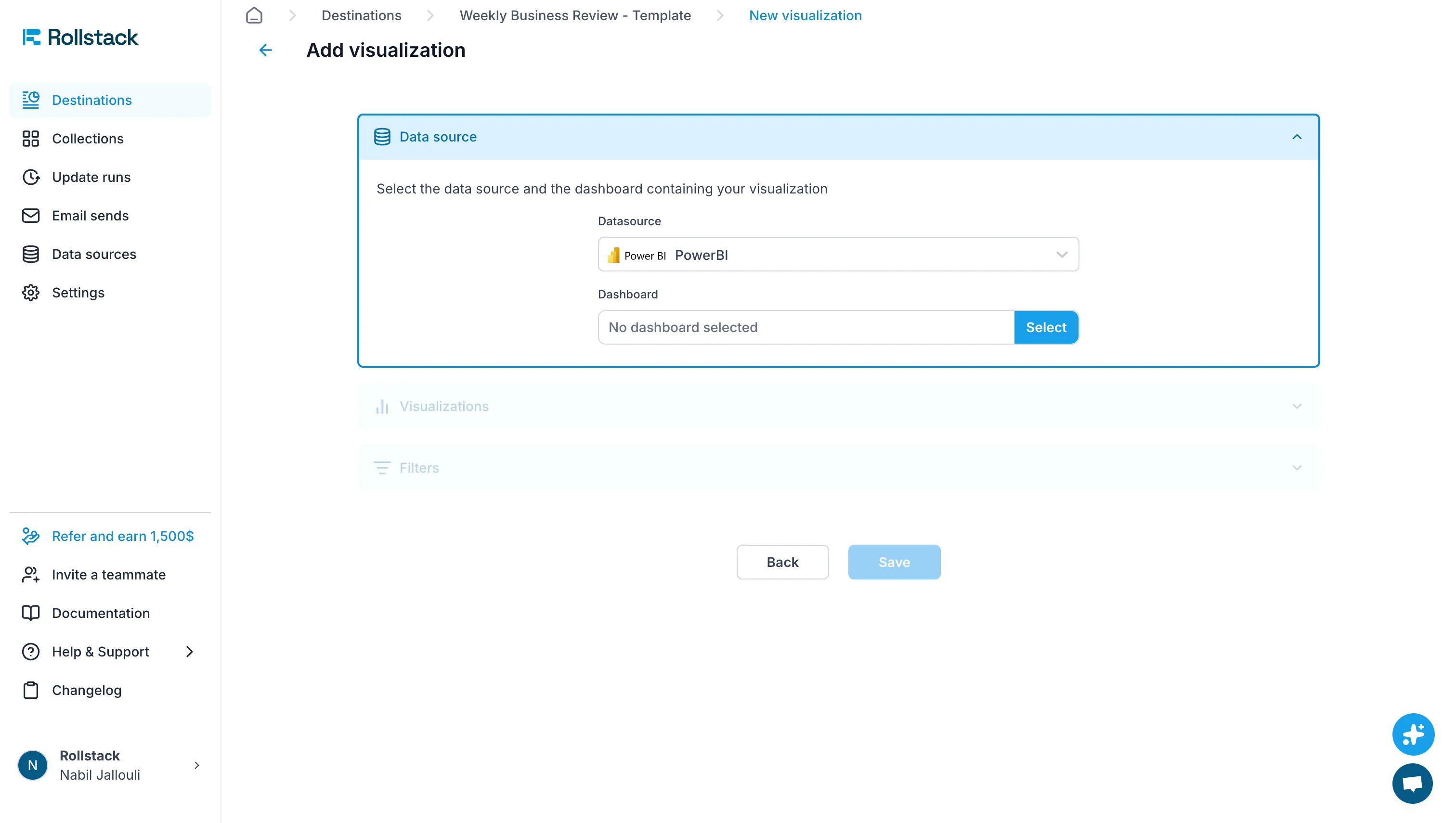 Rollstack Add Visualization screen showing Power BI data source connection with dashboard selection dropdown