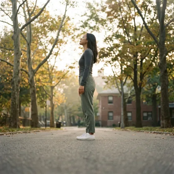 A woman standing still on a leafy park path