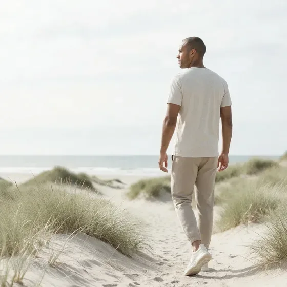 A man walking through beach dunes