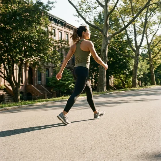 A woman walking briskly down a tree-lined street