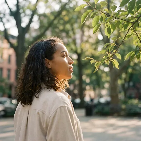 A woman looking up at the trees on a city street