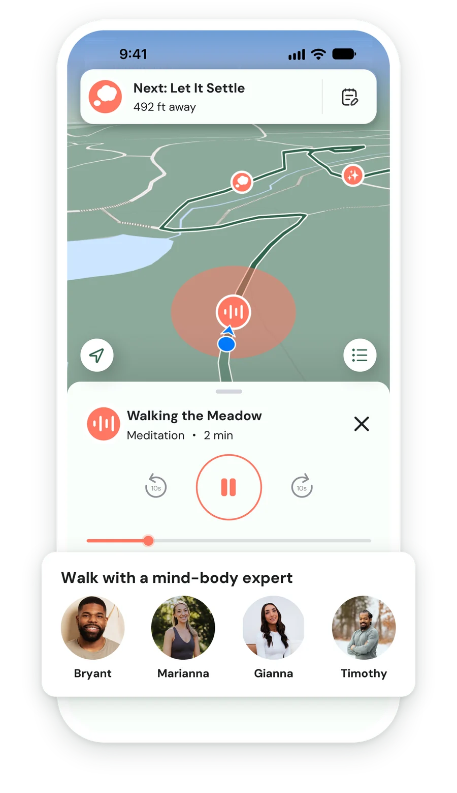 A Trek in progress: the route map with the next stop, the audio player, and the mind-body experts who guide the walk