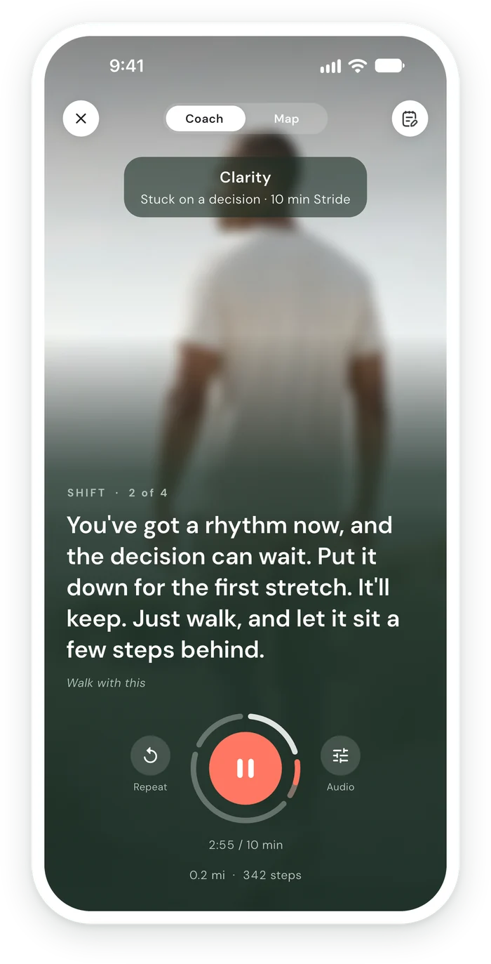 A Clarity Stride in progress: the coach's line on screen over a soft photo, with the pause ring and elapsed time